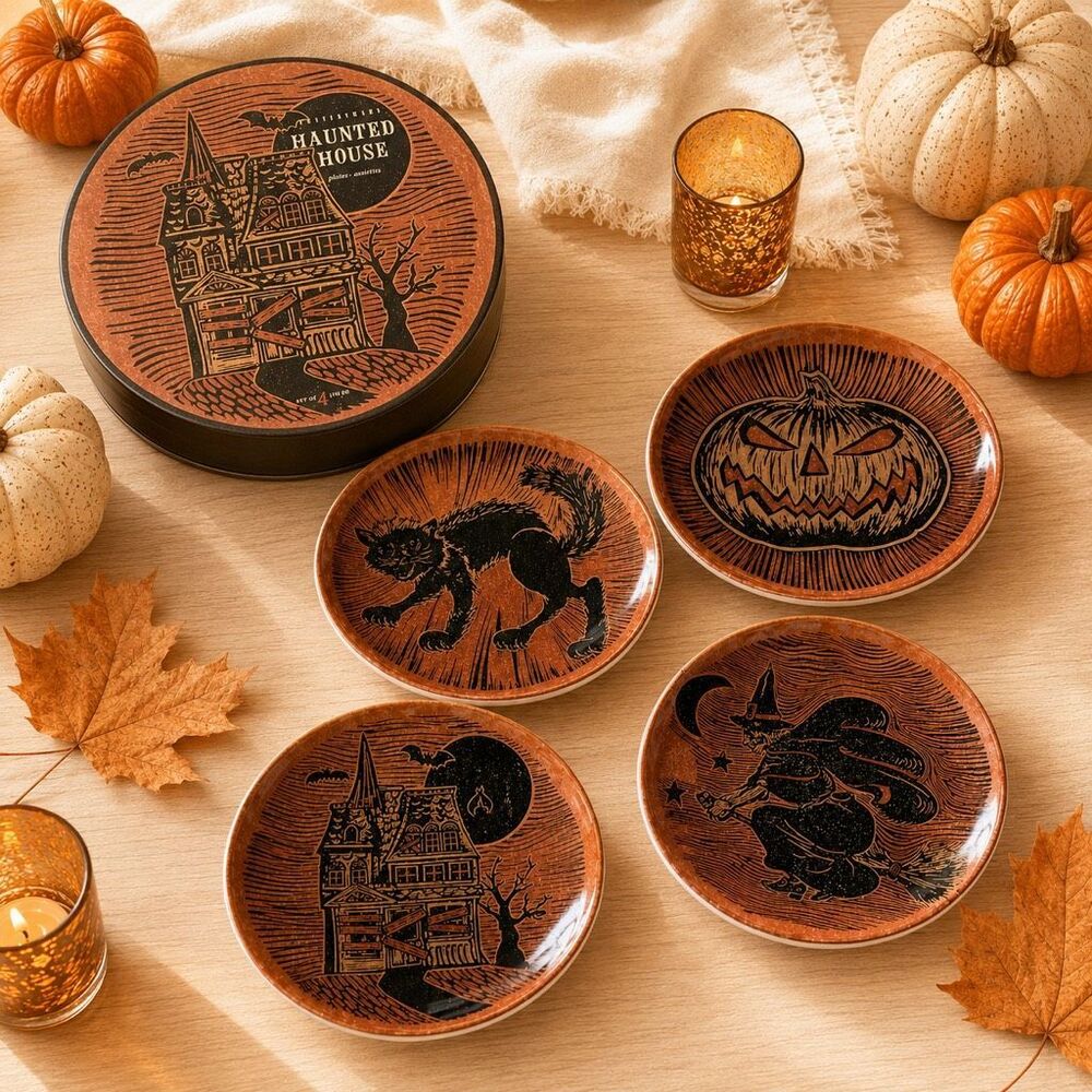 New Pottery Barn S/4 SPOOKY HALLOWEEN ICON Salad PLATES HAUNTED HOUSE Witch